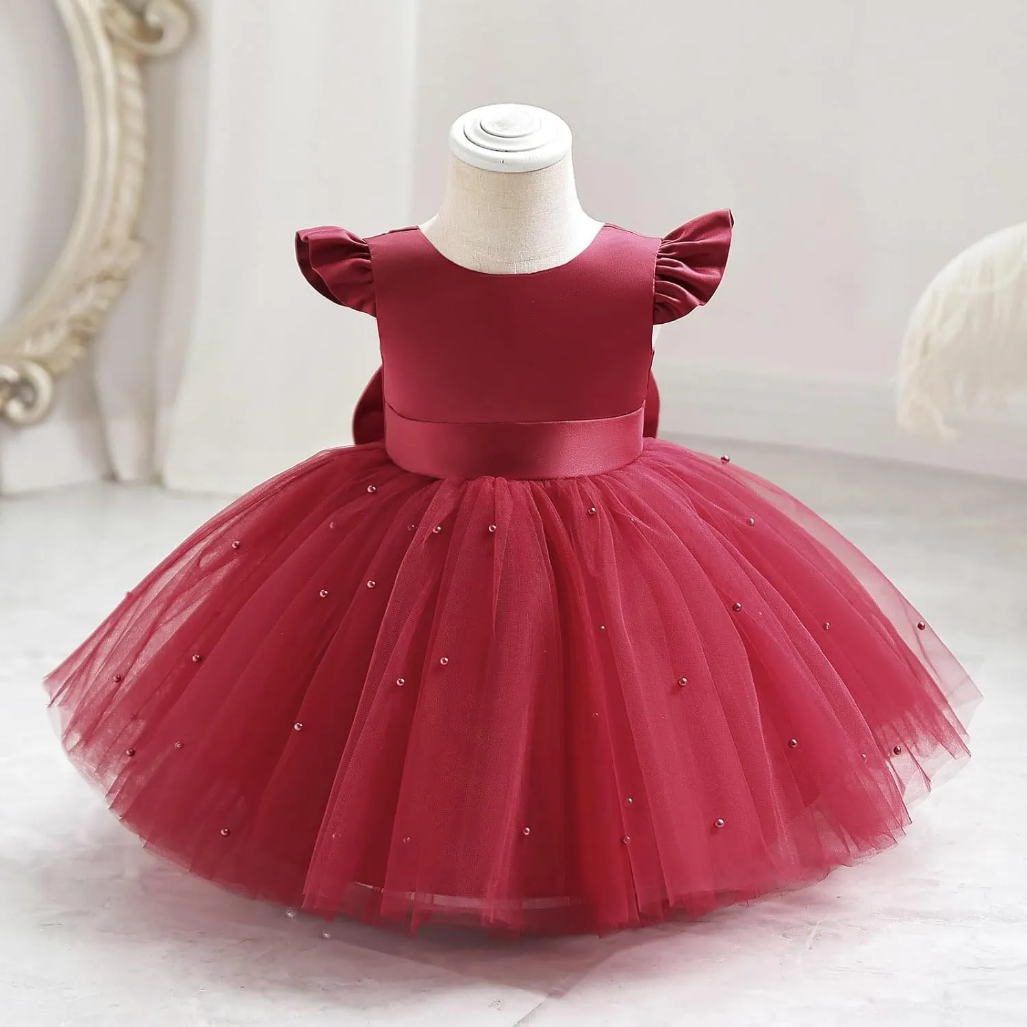 IBTOM CASTLE Infant Baby Flower Girl Dress Satin Pearls Tulle Bowknot Princess Birthday Party Pageant Tutu Dress