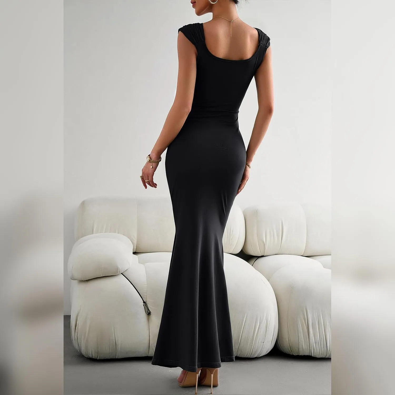IDOPIP Women Elegant Mermaid Hem Bodycon Maxi Dress Square Neck Evening Party Gown Prom Wedding Guest Fishtail Cocktail Dress