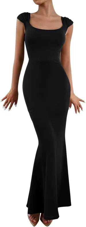 IDOPIP Women Elegant Mermaid Hem Bodycon Maxi Dress Square Neck Evening Party Gown Prom Wedding Guest Fishtail Cocktail Dress