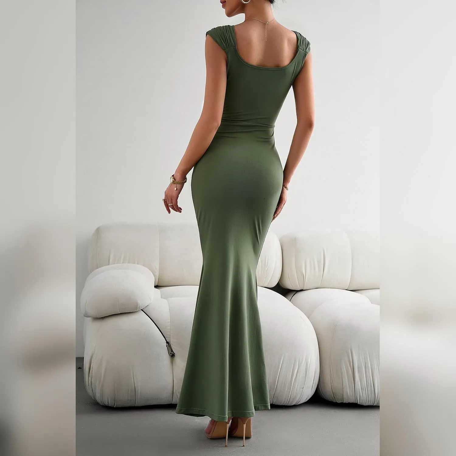 IDOPIP Women Elegant Mermaid Hem Bodycon Maxi Dress Square Neck Evening Party Gown Prom Wedding Guest Fishtail Cocktail Dress