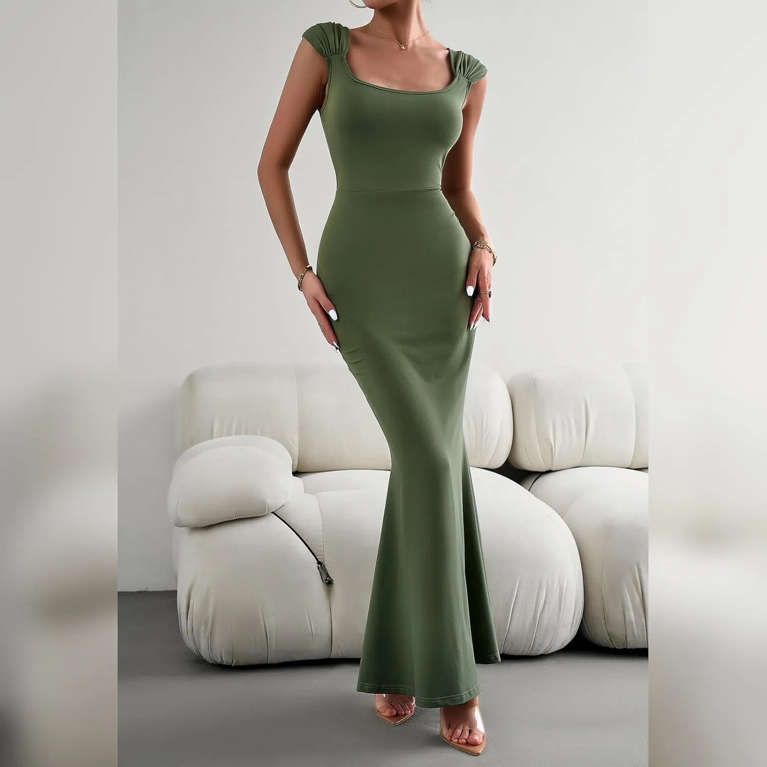 IDOPIP Women Elegant Mermaid Hem Bodycon Maxi Dress Square Neck Evening Party Gown Prom Wedding Guest Fishtail Cocktail Dress
