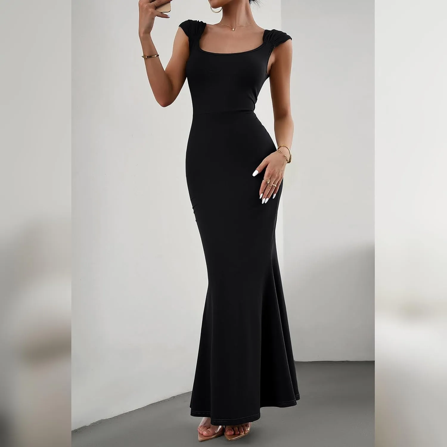 IDOPIP Women Elegant Mermaid Hem Bodycon Maxi Dress Square Neck Evening Party Gown Prom Wedding Guest Fishtail Cocktail Dress