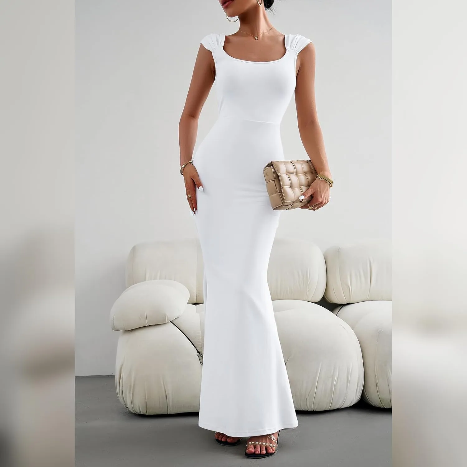IDOPIP Women Elegant Mermaid Hem Bodycon Maxi Dress Square Neck Evening Party Gown Prom Wedding Guest Fishtail Cocktail Dress