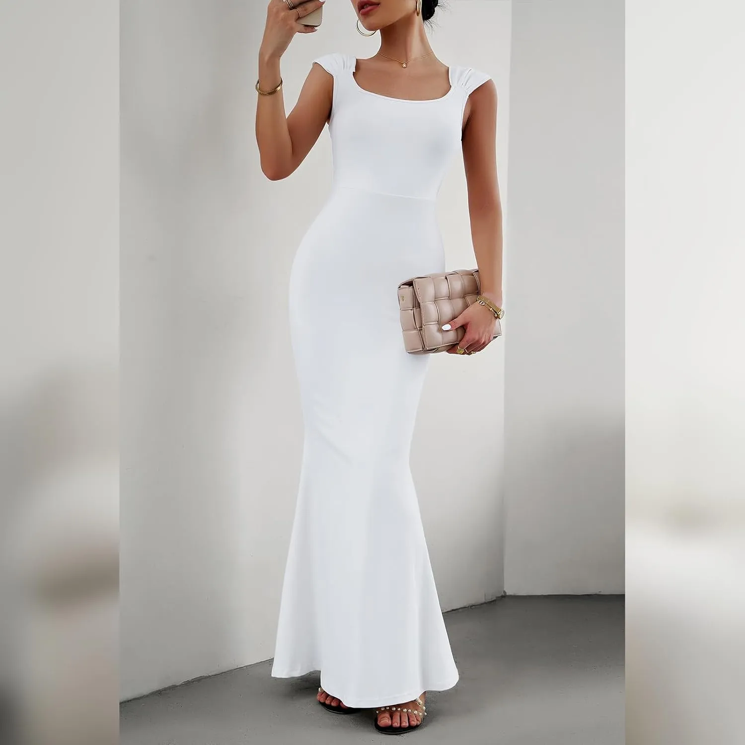 IDOPIP Women Elegant Mermaid Hem Bodycon Maxi Dress Square Neck Evening Party Gown Prom Wedding Guest Fishtail Cocktail Dress