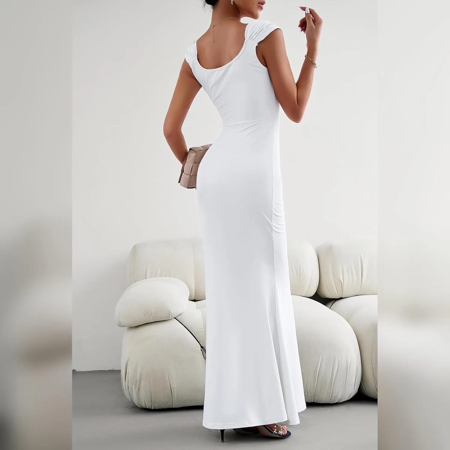IDOPIP Women Elegant Mermaid Hem Bodycon Maxi Dress Square Neck Evening Party Gown Prom Wedding Guest Fishtail Cocktail Dress