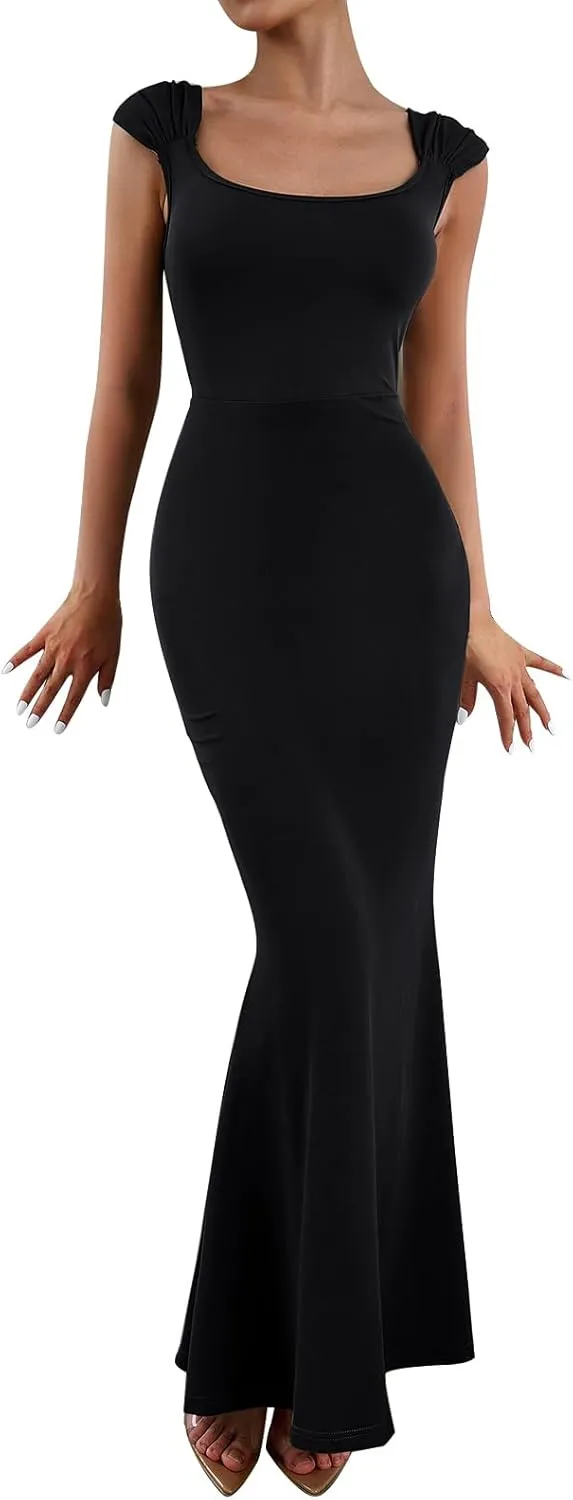 IDOPIP Women Elegant Mermaid Hem Bodycon Maxi Dress Square Neck Evening Party Gown Prom Wedding Guest Fishtail Cocktail Dress