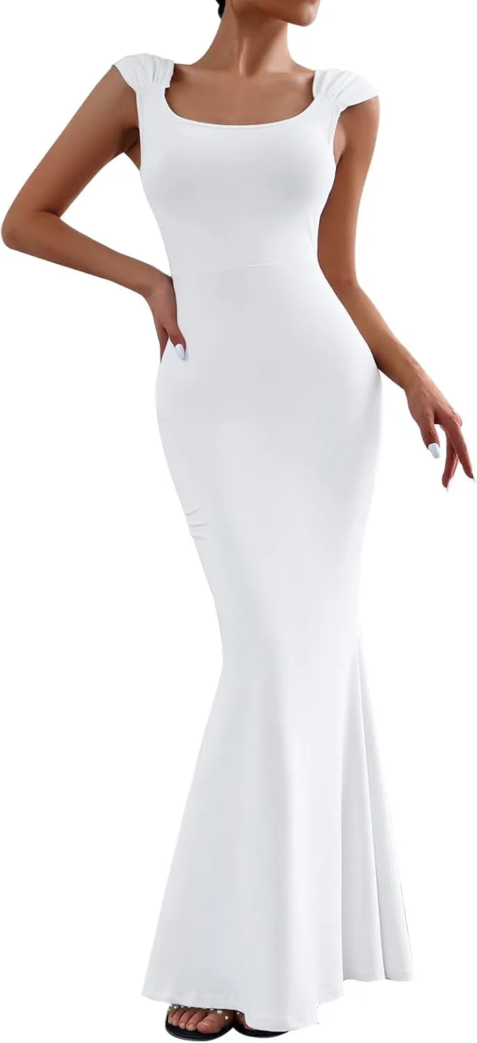 IDOPIP Women Elegant Mermaid Hem Bodycon Maxi Dress Square Neck Evening Party Gown Prom Wedding Guest Fishtail Cocktail Dress