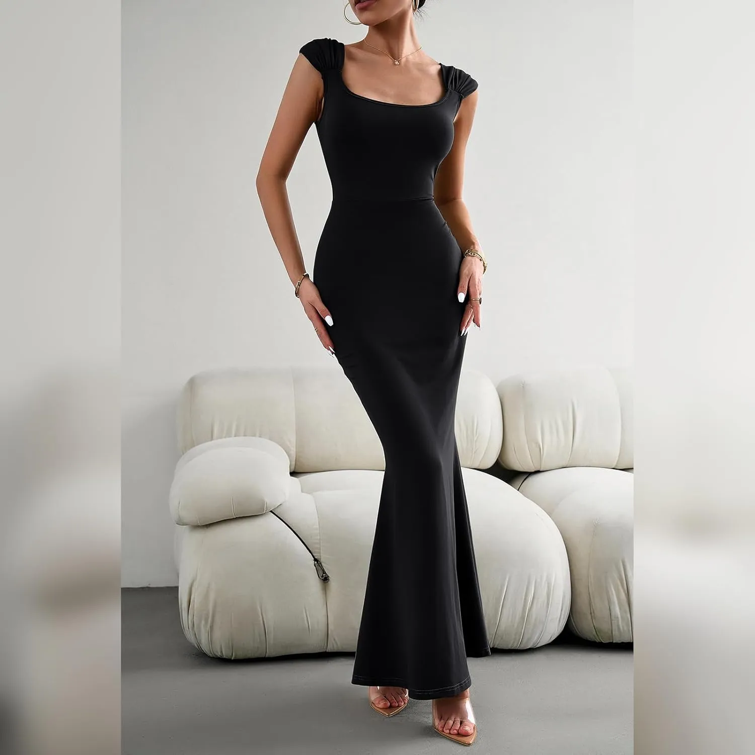 IDOPIP Women Elegant Mermaid Hem Bodycon Maxi Dress Square Neck Evening Party Gown Prom Wedding Guest Fishtail Cocktail Dress