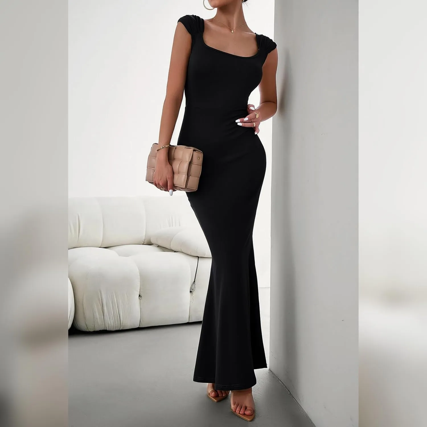 IDOPIP Women Elegant Mermaid Hem Bodycon Maxi Dress Square Neck Evening Party Gown Prom Wedding Guest Fishtail Cocktail Dress