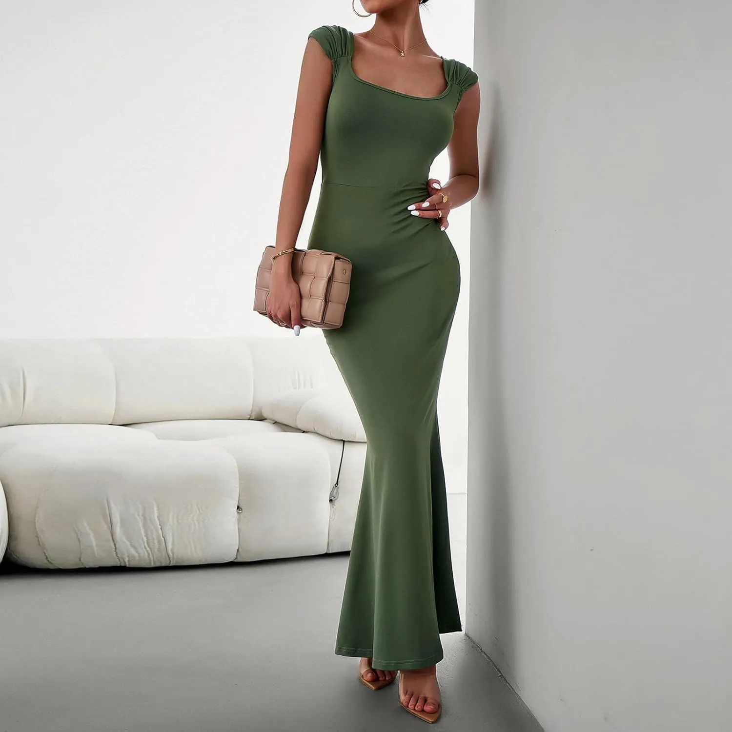 IDOPIP Women Elegant Mermaid Hem Bodycon Maxi Dress Square Neck Evening Party Gown Prom Wedding Guest Fishtail Cocktail Dress