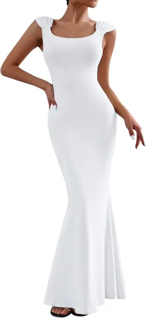 IDOPIP Women Elegant Mermaid Hem Bodycon Maxi Dress Square Neck Evening Party Gown Prom Wedding Guest Fishtail Cocktail Dress