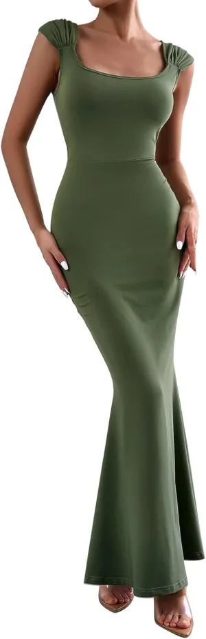 IDOPIP Women Elegant Mermaid Hem Bodycon Maxi Dress Square Neck Evening Party Gown Prom Wedding Guest Fishtail Cocktail Dress