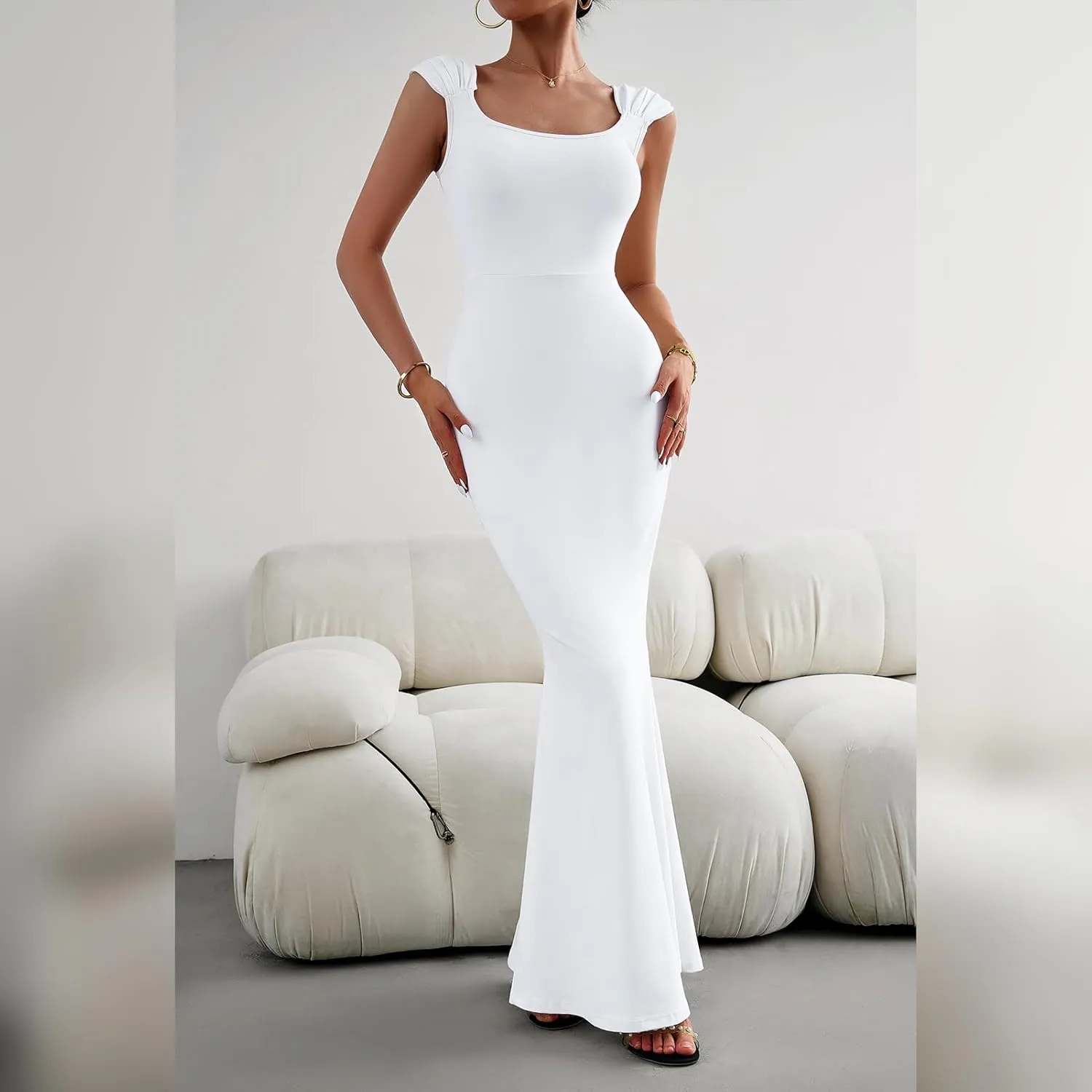 IDOPIP Women Elegant Mermaid Hem Bodycon Maxi Dress Square Neck Evening Party Gown Prom Wedding Guest Fishtail Cocktail Dress