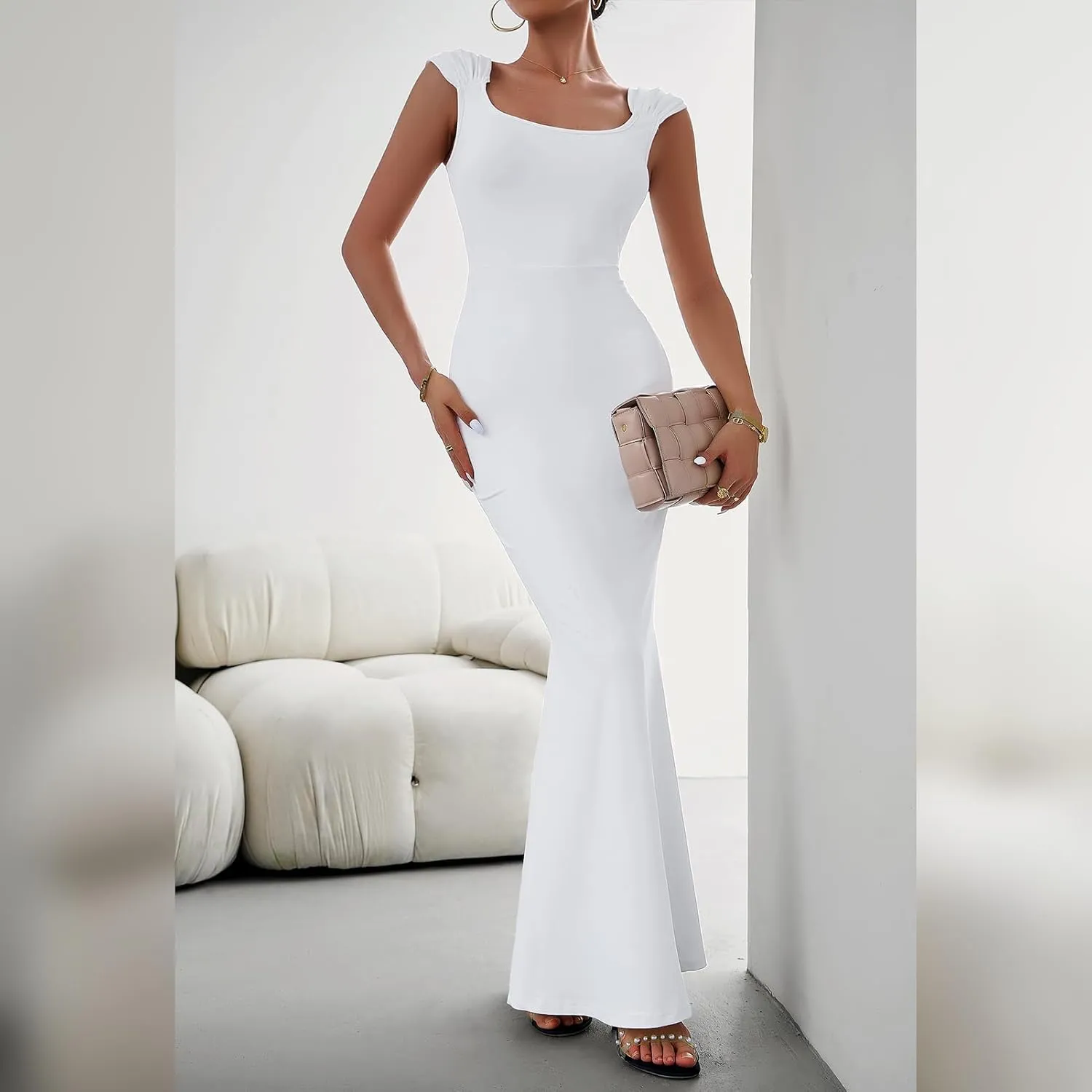 IDOPIP Women Elegant Mermaid Hem Bodycon Maxi Dress Square Neck Evening Party Gown Prom Wedding Guest Fishtail Cocktail Dress