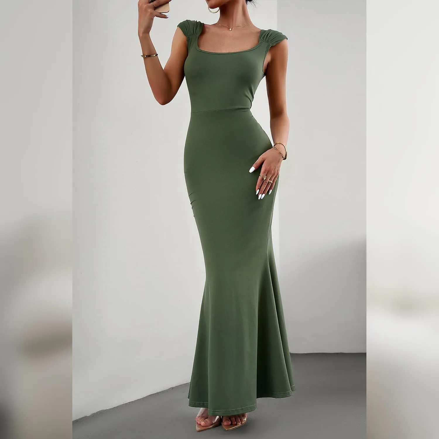 IDOPIP Women Elegant Mermaid Hem Bodycon Maxi Dress Square Neck Evening Party Gown Prom Wedding Guest Fishtail Cocktail Dress