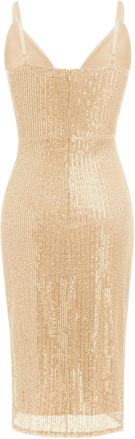 IDOPIP Women V Neck Sequins Ruched Bodycon Dress Formal Evening Party Sparkle Gown Sexy Wrap Cocktail Homecoming Midi Dress
