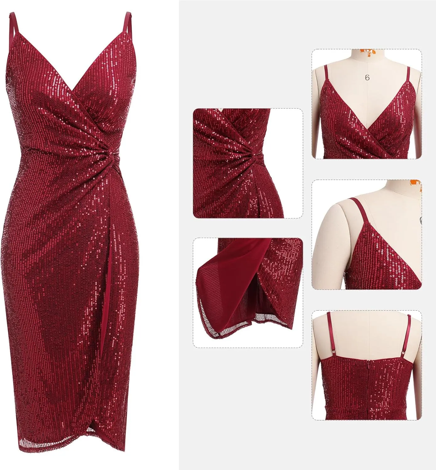 IDOPIP Women V Neck Sequins Ruched Bodycon Dress Formal Evening Party Sparkle Gown Sexy Wrap Cocktail Homecoming Midi Dress