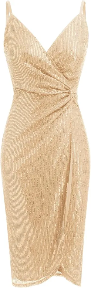 IDOPIP Women V Neck Sequins Ruched Bodycon Dress Formal Evening Party Sparkle Gown Sexy Wrap Cocktail Homecoming Midi Dress