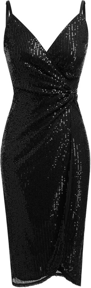 IDOPIP Women V Neck Sequins Ruched Bodycon Dress Formal Evening Party Sparkle Gown Sexy Wrap Cocktail Homecoming Midi Dress