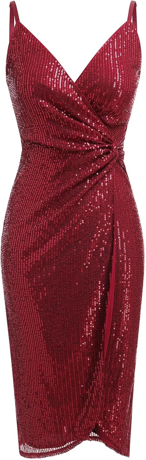 IDOPIP Women V Neck Sequins Ruched Bodycon Dress Formal Evening Party Sparkle Gown Sexy Wrap Cocktail Homecoming Midi Dress