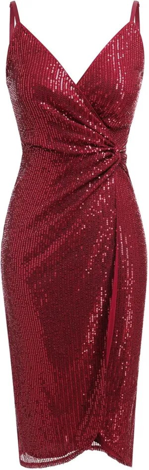 IDOPIP Women V Neck Sequins Ruched Bodycon Dress Formal Evening Party Sparkle Gown Sexy Wrap Cocktail Homecoming Midi Dress