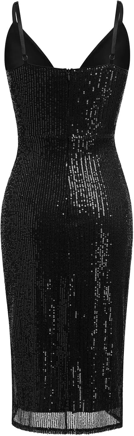 IDOPIP Women V Neck Sequins Ruched Bodycon Dress Formal Evening Party Sparkle Gown Sexy Wrap Cocktail Homecoming Midi Dress
