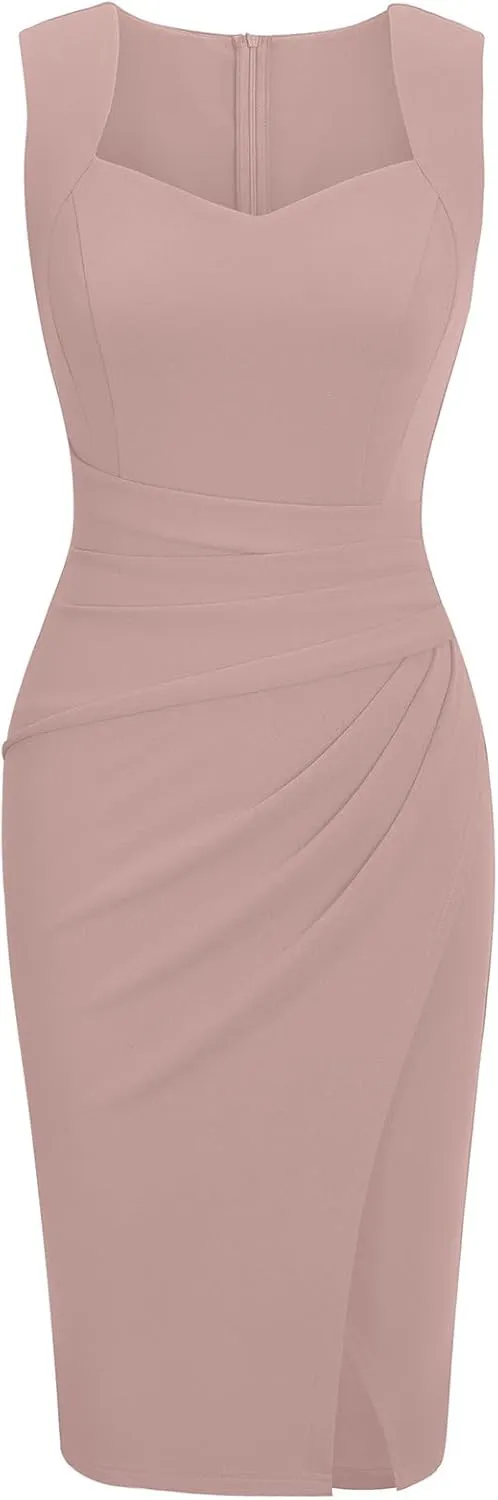IHOT Women's Vintage Sweetheart V Neck Sleeveless Ruched Sheath Bodycon Faux Wrap Party Cocktail Work Dress