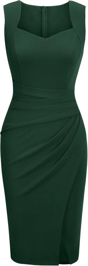 IHOT Women's Vintage Sweetheart V Neck Sleeveless Ruched Sheath Bodycon Faux Wrap Party Cocktail Work Dress