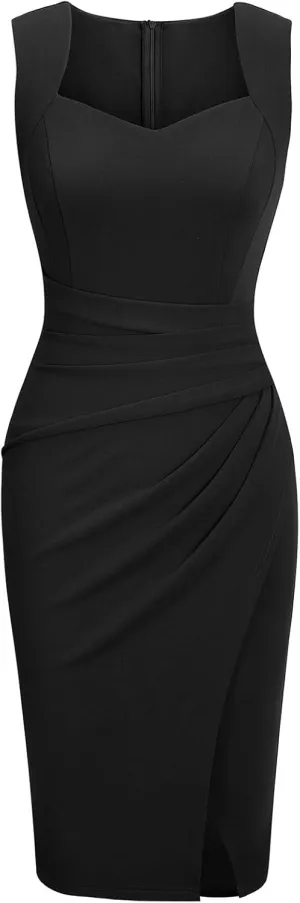 IHOT Women's Vintage Sweetheart V Neck Sleeveless Ruched Sheath Bodycon Faux Wrap Party Cocktail Work Dress