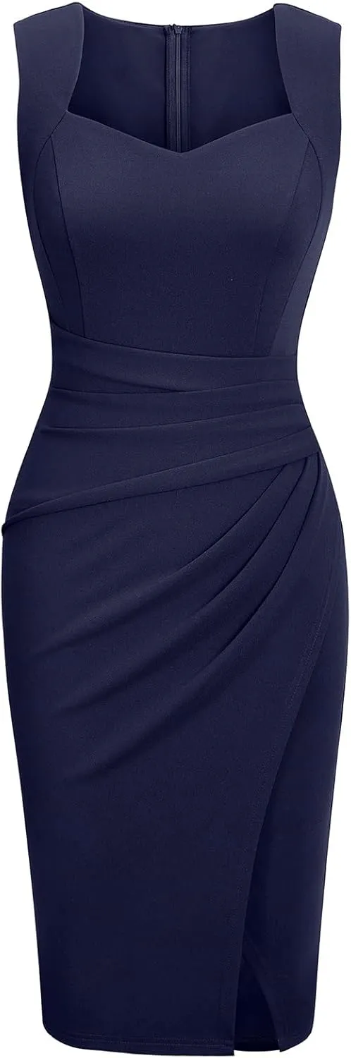 IHOT Women's Vintage Sweetheart V Neck Sleeveless Ruched Sheath Bodycon Faux Wrap Party Cocktail Work Dress
