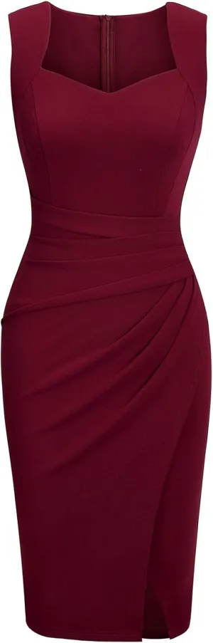 IHOT Women's Vintage Sweetheart V Neck Sleeveless Ruched Sheath Bodycon Faux Wrap Party Cocktail Work Dress