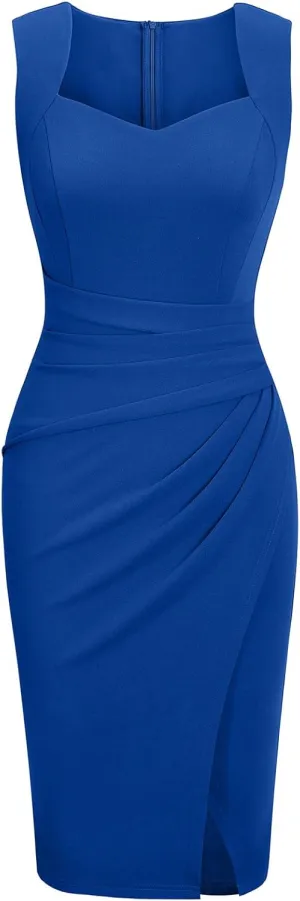 IHOT Women's Vintage Sweetheart V Neck Sleeveless Ruched Sheath Bodycon Faux Wrap Party Cocktail Work Dress