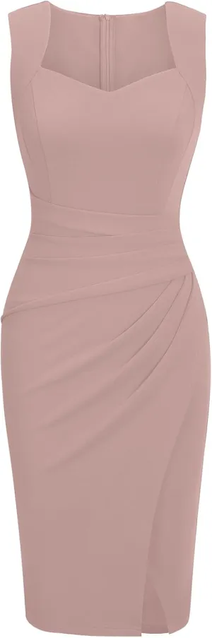 IHOT Women's Vintage Sweetheart V Neck Sleeveless Ruched Sheath Bodycon Faux Wrap Party Cocktail Work Dress