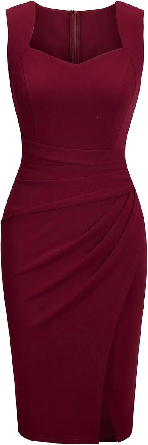 IHOT Women's Vintage Sweetheart V Neck Sleeveless Ruched Sheath Bodycon Faux Wrap Party Cocktail Work Dress