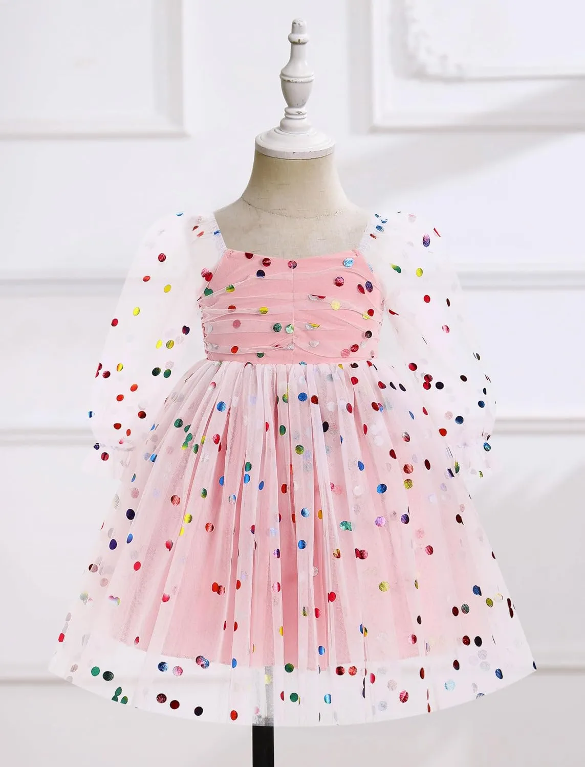 IMEKIS Toddler Girl Birthday Dress Floral Confetti Tulle Formal Wedding Party Long Sleeve Dress Cake Smash Photo Shoot