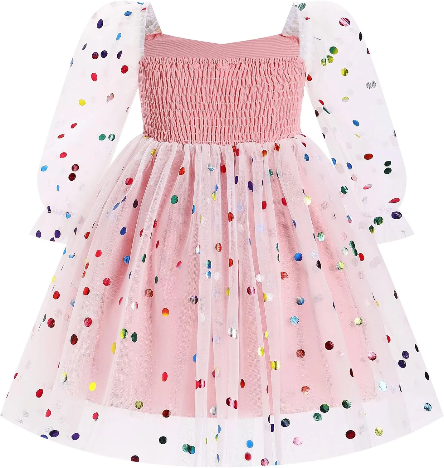 IMEKIS Toddler Girl Birthday Dress Floral Confetti Tulle Formal Wedding Party Long Sleeve Dress Cake Smash Photo Shoot