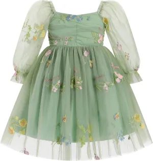 IMEKIS Toddler Girl Birthday Dress Floral Confetti Tulle Formal Wedding Party Long Sleeve Dress Cake Smash Photo Shoot
