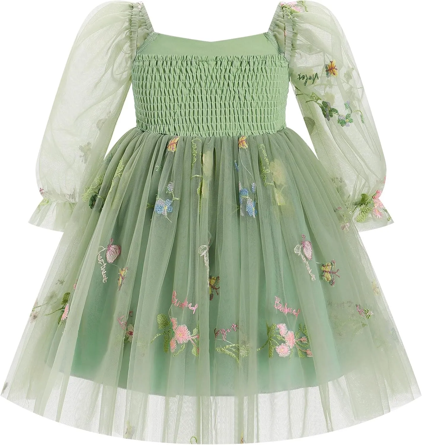 IMEKIS Toddler Girl Birthday Dress Floral Confetti Tulle Formal Wedding Party Long Sleeve Dress Cake Smash Photo Shoot