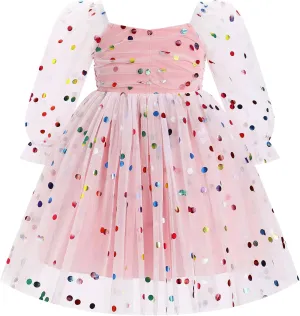 IMEKIS Toddler Girl Birthday Dress Floral Confetti Tulle Formal Wedding Party Long Sleeve Dress Cake Smash Photo Shoot