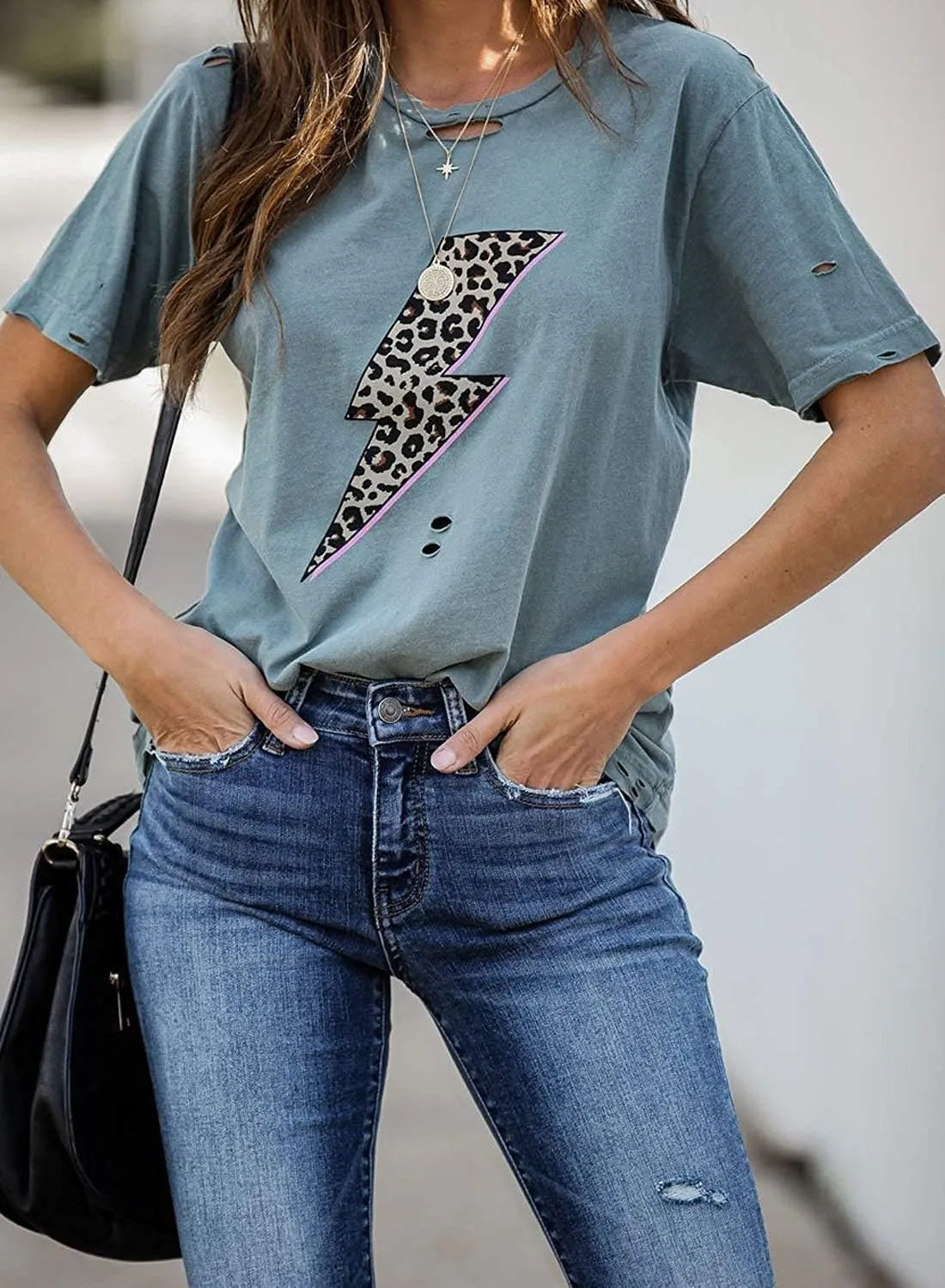 INFITTY Womens Basic Graphic Tees Casual Summer Short Sleeve Shirt Blouse Lightning Leopard Print Tops Tunic