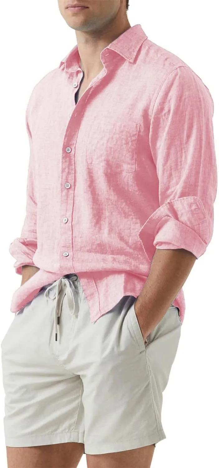 JMIERR Mens Cotton Linen Casual Stylish Button Down Shirt Long Sleeve Dress Shirts