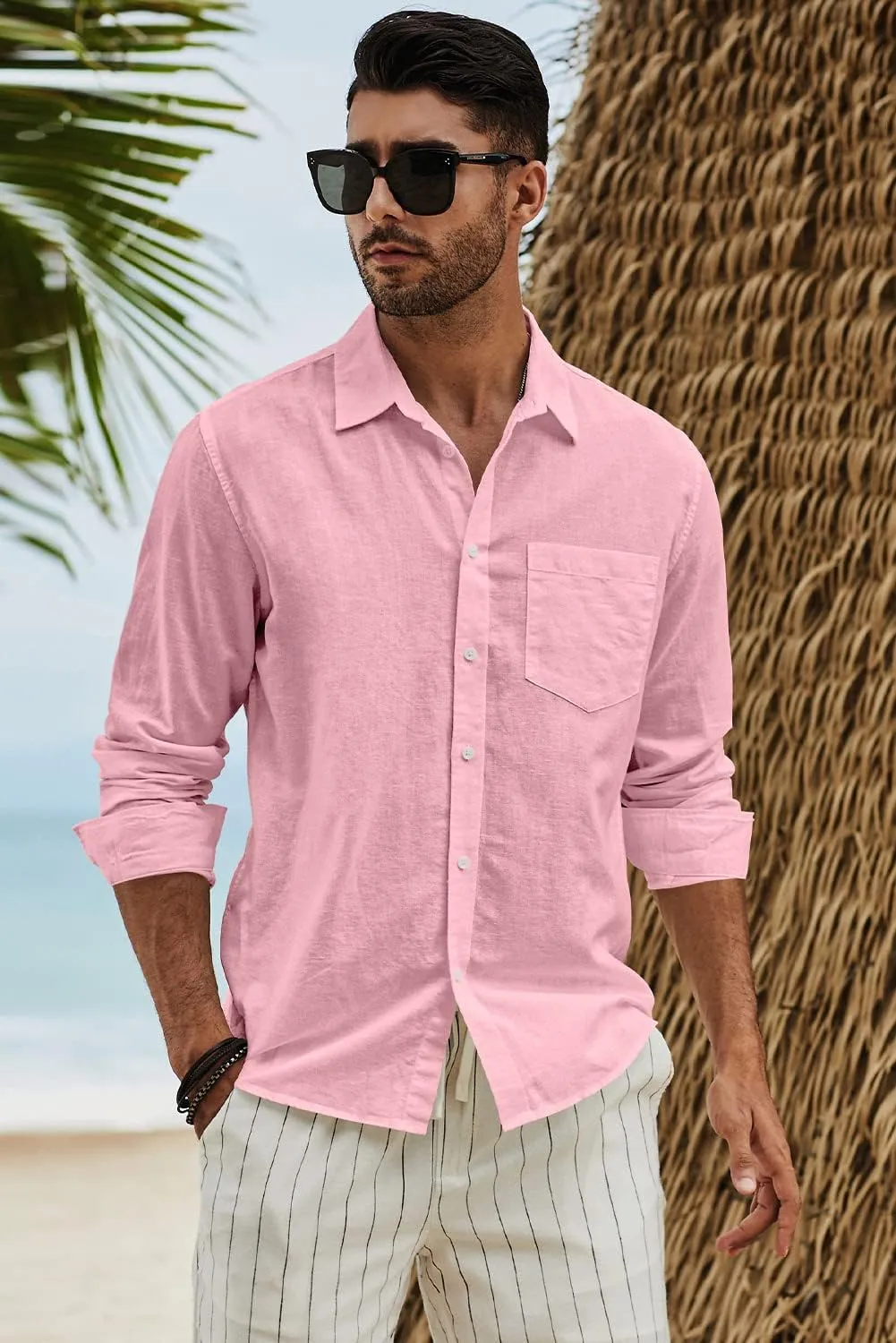 JMIERR Mens Cotton Linen Casual Stylish Button Down Shirt Long Sleeve Dress Shirts