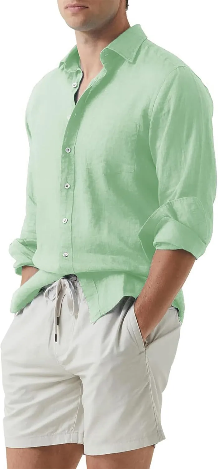 JMIERR Mens Cotton Linen Casual Stylish Button Down Shirt Long Sleeve Dress Shirts