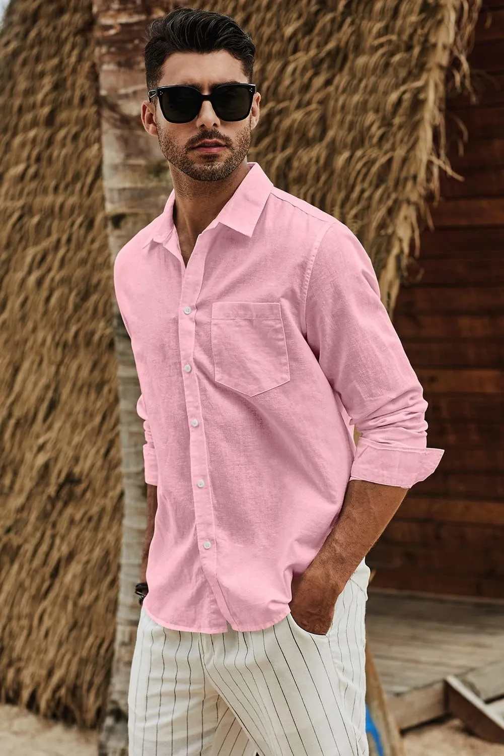 JMIERR Mens Cotton Linen Casual Stylish Button Down Shirt Long Sleeve Dress Shirts