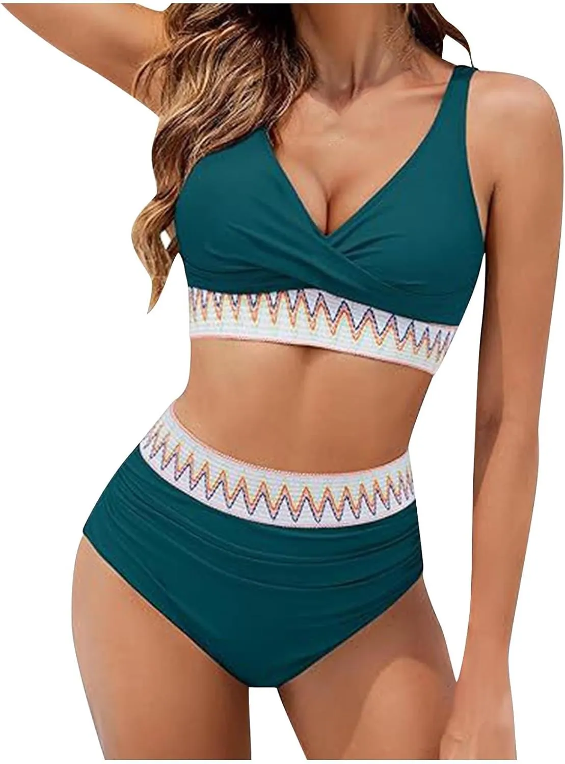 jsaierl Women Bikini Sets Front Twist Push Up Two Piece Swimsuits Color Block High Waisted Tummy Control Ruched Bathing Suits