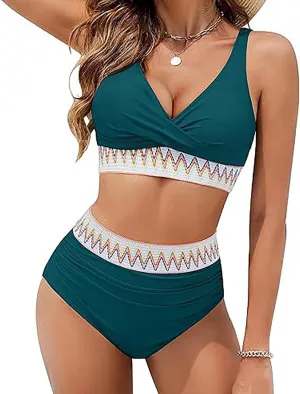 jsaierl Women Bikini Sets Front Twist Push Up Two Piece Swimsuits Color Block High Waisted Tummy Control Ruched Bathing Suits