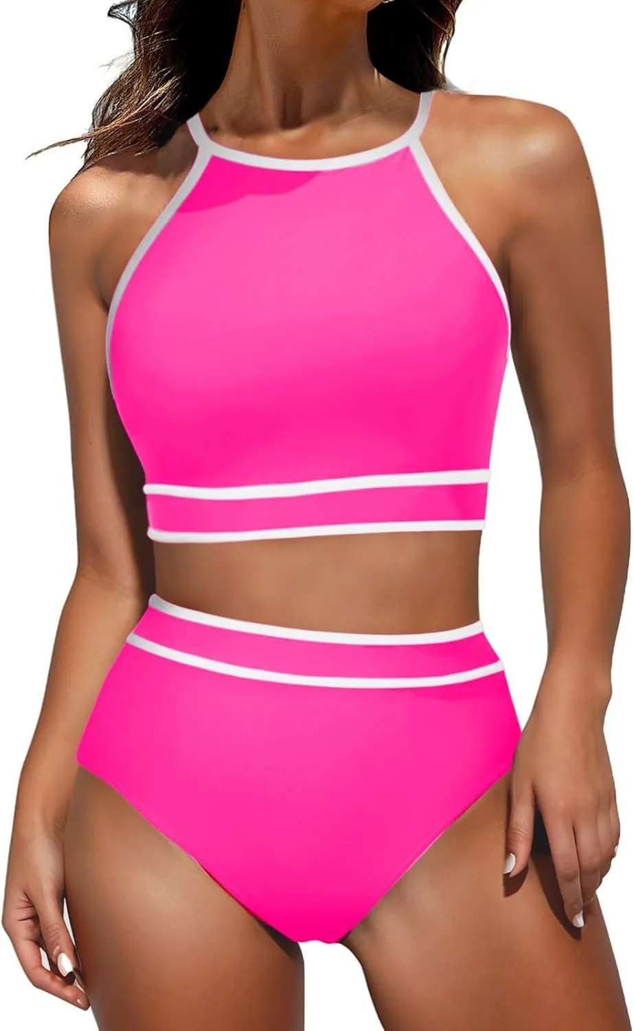 jsaierl Women Color Block Bikini Sets Tummy Control High Waisted Sporty Beach Swimwear Fashion Slimming 2 Piece Bathing Suits