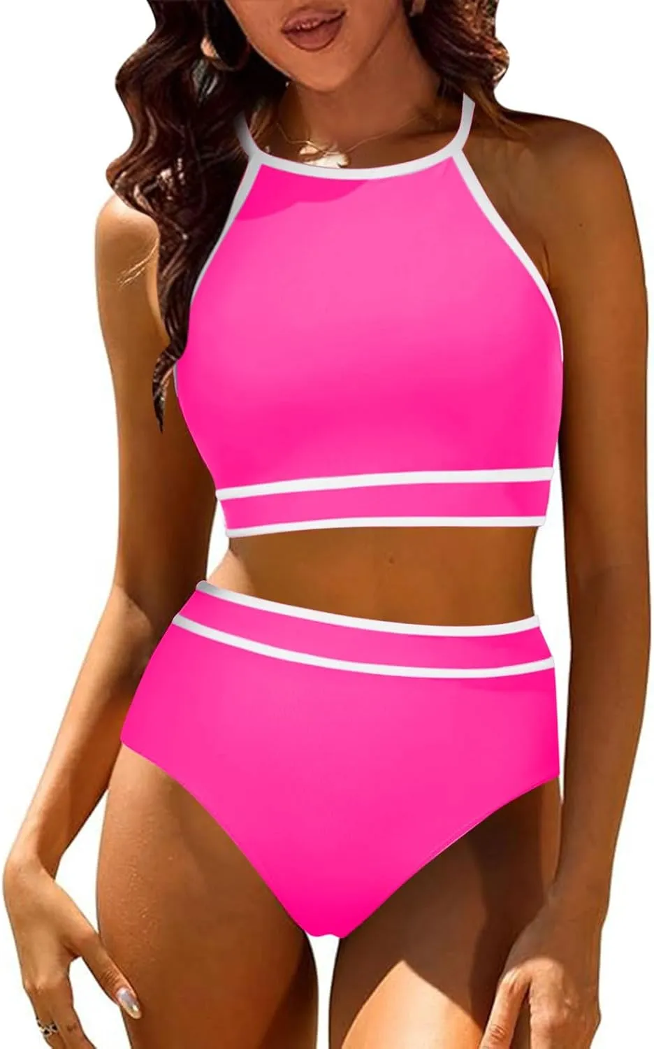 jsaierl Women Color Block Bikini Sets Tummy Control High Waisted Sporty Beach Swimwear Fashion Slimming 2 Piece Bathing Suits