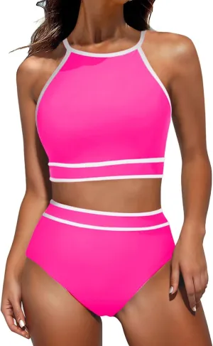 jsaierl Women Color Block Bikini Sets Tummy Control High Waisted Sporty Beach Swimwear Fashion Slimming 2 Piece Bathing Suits