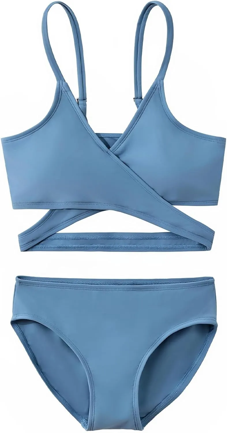 karrack Teen Girls' Swimsuits Two-Piece V-Neck Bikini Adjustable Shoulder Straps Swimsuit Kids Bikini Set